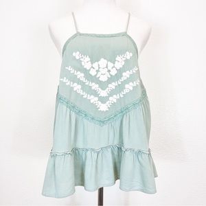 In Loom Mint Green Sleeveless Halter Top Lace Trim White Embroidered Front L